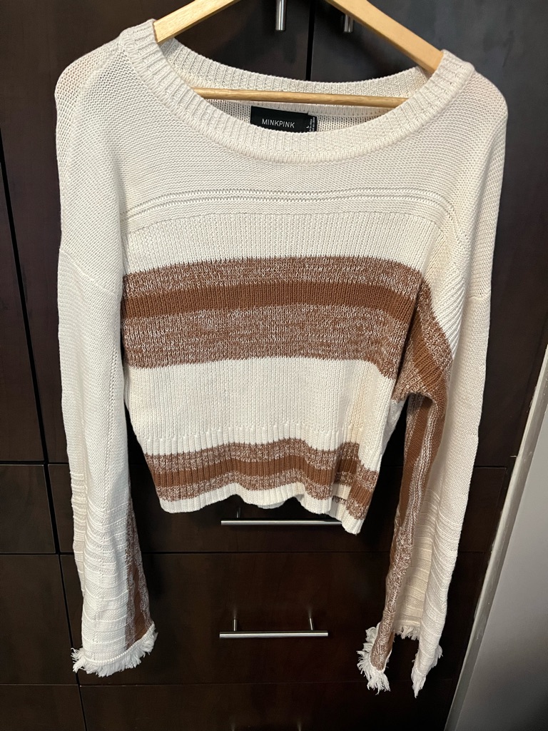 Minkpink Cream And Brown Striped Crewneck Sweater